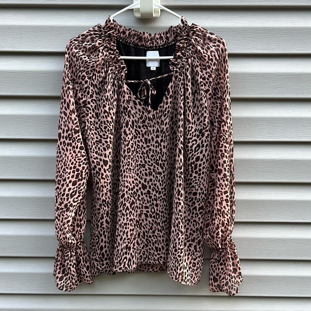 Sen Animal Print Long Sleeve Blouse Pink Black Ruffle Neck Leopard Medium